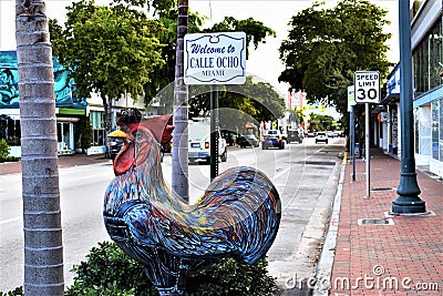 Calle Ocho cock sculpture and sign Editorial Stock Photo