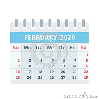 Callendar for February 2020 in flat style for design on white, stock vector illustration Vector Illustration