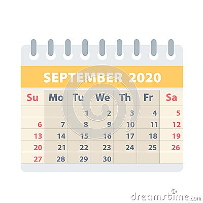 Callendar for September 2020 in flat style for design on white, stock vector illustration Vector Illustration