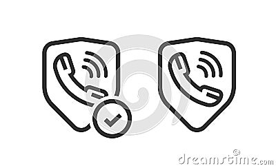 Caller id secure shield for call scam spam robocall protection on phone cellphone technology graphic line outline art pictogram, Vector Illustration