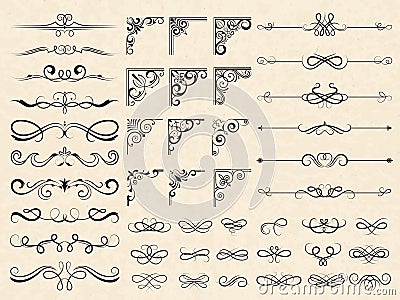 Calligraphic borders and corners. Ornamental frames floral ornate elements for wedding cards vector classic templates Vector Illustration