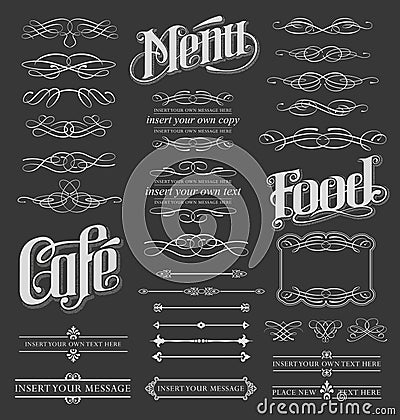 Calligraphic and Decorative Chalkboard Design Elements for Menus Vector Illustration