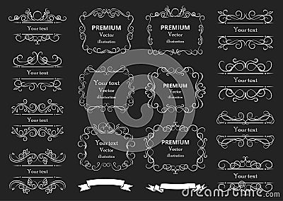 Calligraphic design elements . Decorative swirls or scrolls, vintage frames , flourishes, labels and dividers Vector Illustration