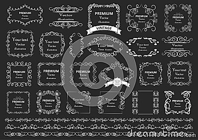 Calligraphic design elements . Decorative swirls or scrolls, vintage frames , flourishes, labels and dividers. Retro vector illust Vector Illustration