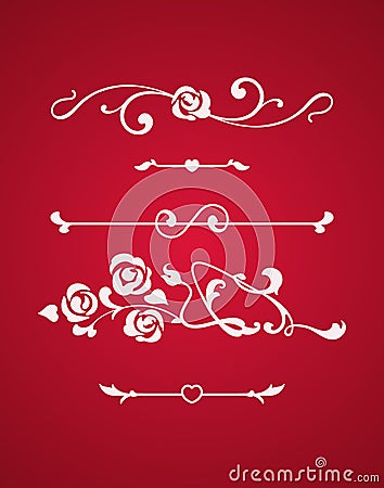 Calligraphic elements with hearts isolated on red background Vector Illustration