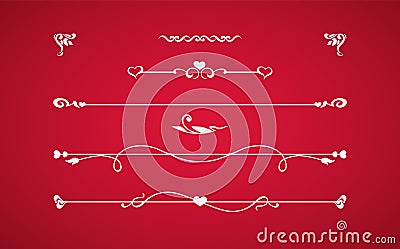 Calligraphic elements with hearts isolated on red background Vector Illustration