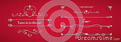 Calligraphic elements, hearts on red background Vector Illustration