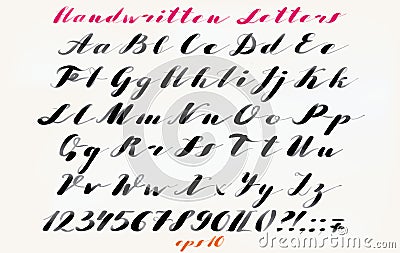 Calligraphic hand drawn font. Handwritten alphabet in elegant brush style. Modern script in vector. Hand drawn artistic Vector Illustration