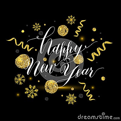 Calligraphic happy new year with snowflakes. Vector Illustration