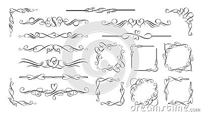 Calligraphic love hearts decorative ornaments. Romantic dividers, heart shaped flourish corners for frames and Vector Illustration