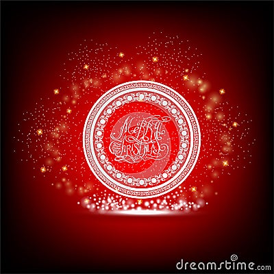 Calligraphic merry christmas into circle pattern frame with sparks around on red background Vector Illustration