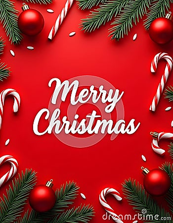 Calligraphic `Merry Christmas` Lettering Decorated Christmas ornaments, candy canes, and pine branches Christmas Greeting Card Stock Photo