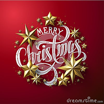 Calligraphic `Merry Christmas` Lettering Decorated with Gold Stars. Vector Illustration