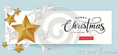 Calligraphic `Merry Christmas` Lettering Decorated with Gold and White Stars. Christmas Greeting Card . Vector Illustration