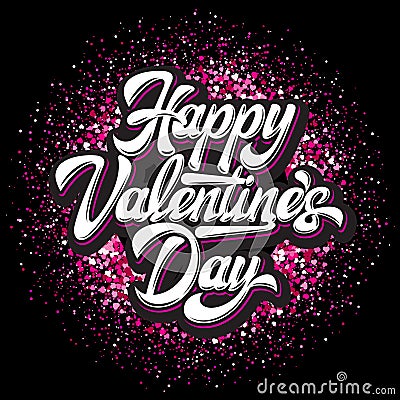 Calligraphic stylish vector inscription Happy Valentines Day with hearts on a colored background Vector Illustration