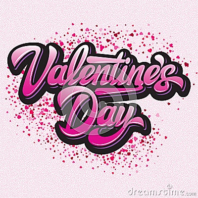 Calligraphic stylish vector inscription Valentines Day with hearts on a colored pink background Vector Illustration