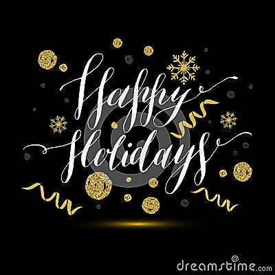 Calligraphic text happy holidays with snowflakes and red bow. Ha Vector Illustration