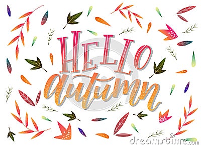 Calligraphy art poster/banner `Hello autumn` on a white background Stock Photo