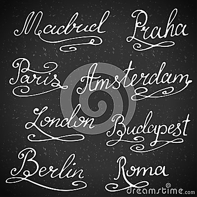 Calligraphy collection. Hand-lettering city names. City emblems vector illustration Vector Illustration