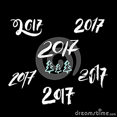 Calligraphy 2017- expressive text made with dry brush. Vector New year stamps. Vector Illustration