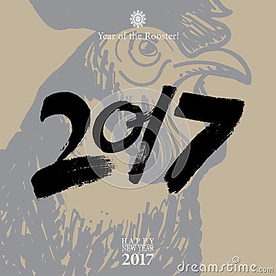 Calligraphy 2017 Happy New Year sign card Rooster. Stock Photo