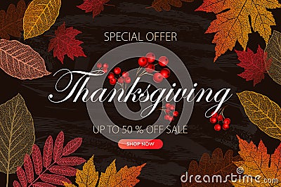 Calligraphy of Thanksgiving Day Sale banner. Seasonal lettering, vector illustration. Vector Illustration