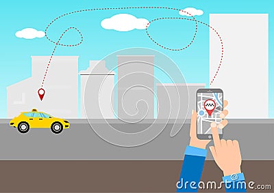 Calling a taxi with a smartphone Can see the distance and tell the coordinates of GPS route pins on smartphones and touch screen Vector Illustration