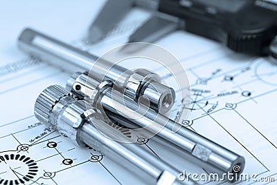 Calliper with part on Engineering Stock Photo