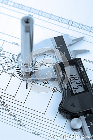 Calliper with part on Engineering drawing Stock Photo