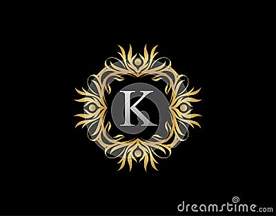 Calligraphic Badge K Letter Logo. Luxury Gold vintage emblem with beautiful classy floral ornament. Vintage Frame design Vector Cartoon Illustration