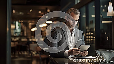 In the calm ambiance of his office, a mature businessman is deeply engrossed in focused work, AI generated Stock Photo