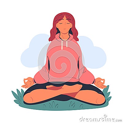 Calm beautiful woman meditating in lotus position on nature cartoon vector illustration Vector Illustration