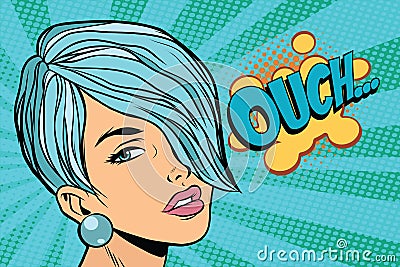 Calm beautiful woman with short hair, skeptical reaction ouch Vector Illustration