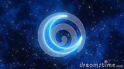 Calm Blue Neon Crescent Moon Shape in Cloudy Dark Night Sky Stars - Abstract Background Texture Stock Photo