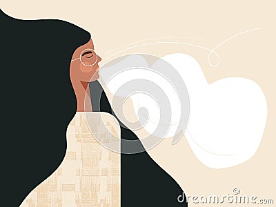 Calm breathing woman with closed eyes African american female character practice deep breathing. Young modern girl doing Vector Illustration