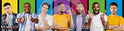 Calm, brooding, happy and sad handsome millennial diverse men with different emotions on colorful background Stock Photo