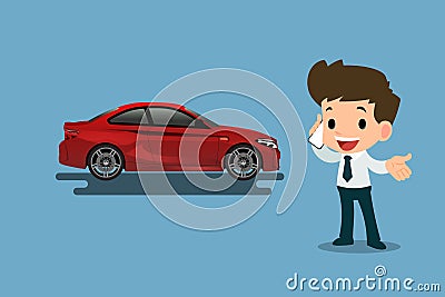 A calm businessman is calling to insurance company for help about his broken car parked on the roadside. Vector Illustration