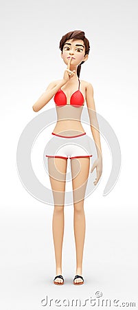 Calm and Cautious Jenny - 3D Cartoon Female Character Model - Asks To Keep Secret or Stay Quiet Stock Photo