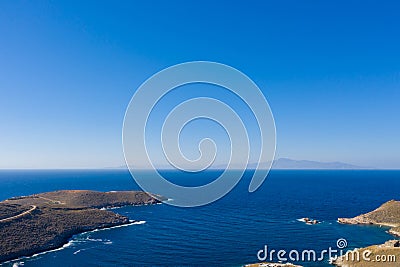 Calm clear water, blue sky background. Aerial drone view Stock Photo