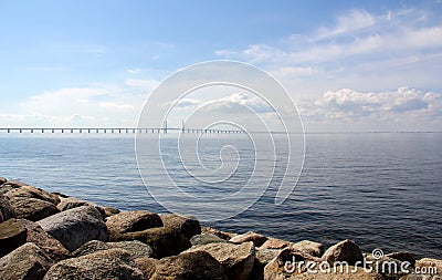 Calm, still water with the Ã–resund bridge in the background Stock Photo