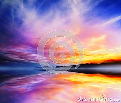 Calm Dramatic Landscape.Sunset Colors Lake Reflection Stock Photo