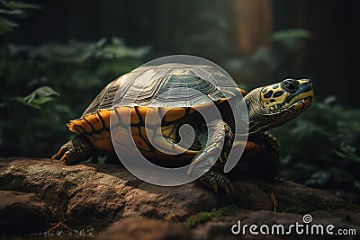 A calm and easygoing turtle basking on a rock - This turtle is basking on a rock or a log in its terrarium or aquarium. Generative Stock Photo