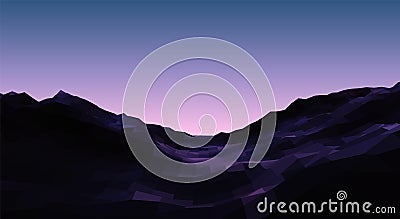 Calm evening landscapewith mountains and violet sky over pink horizon. Polygonal terrain in 80s vaporwave style. Vector Illustration