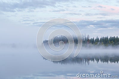 Calm foggy lake scape summer night Stock Photo