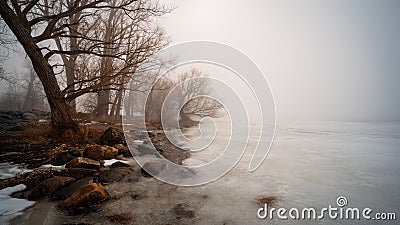 the calm of a foggy morning, on the shores of Lake Memphremagog, near Georgeville, Stock Photo