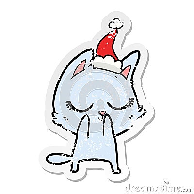 calm hand drawn distressed sticker cartoon of a cat wearing santa hat Vector Illustration