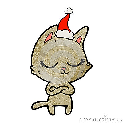 calm hand drawn textured cartoon of a cat wearing santa hat Vector Illustration