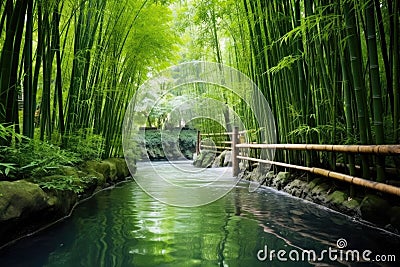 calm hot spring in the heart of a dense bamboo forest Stock Photo