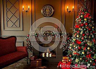 Calm image of interior Classic New Year Tree decorated Stock Photo