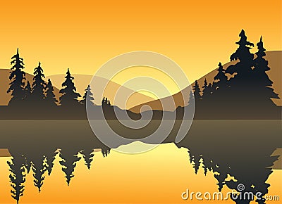 Calm Lake at Sunset Vector Illustration